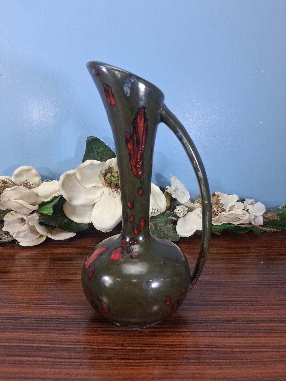 FOLK ART Pottery Long Neck Green w/Red-Orange Glaze Handmade Pitcher Signed Fun